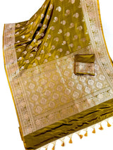 Mehendi Green Banarasi saree in banarasi semi pure mashru with muted gold zari weaving on mashru — Kaash Collection