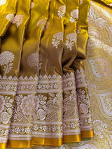 Mehendi Green Banarasi saree in banarasi semi pure mashru with muted gold zari weaving on mashru — Kaash Collection