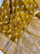 Mehendi Green Banarasi saree in banarasi semi pure mashru with muted gold zari weaving on mashru — Kaash Collection