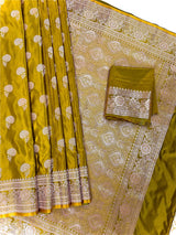Mehendi Green Banarasi saree in banarasi semi pure mashru with muted gold zari weaving on mashru — Kaash Collection
