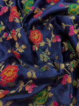 Silk Mark Certified Midnight Blue Pure Satin Silk Tanchoi saree in pure satin silk with handwoven tanchoi with floral meenakari jaal — Kaash Collection
