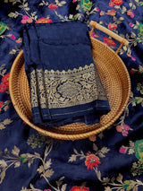 Silk Mark Certified Midnight Blue Pure Satin Silk Tanchoi saree in pure satin silk with handwoven tanchoi with floral meenakari jaal — Kaash Collection