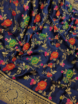 Silk Mark Certified Midnight Blue Pure Satin Silk Tanchoi saree in pure satin silk with handwoven tanchoi with floral meenakari jaal — Kaash Collection