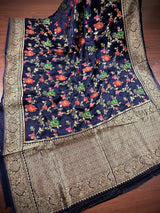 Statement Midnight Blue Color Pure Satin Silk Saree - Handwoven Floral Meenakari Floral Jaal Weave -Silk Mark Certified Saree - Kaash