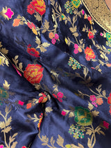 Statement Midnight Blue Color Pure Satin Silk Saree - Handwoven Floral Meenakari Floral Jaal Weave -Silk Mark Certified Saree - Kaash