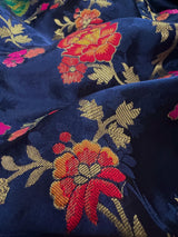 Statement Midnight Blue Color Pure Satin Silk Saree - Handwoven Floral Meenakari Floral Jaal Weave -Silk Mark Certified Saree - Kaash