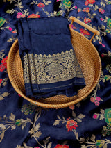 Statement Midnight Blue Color Pure Satin Silk Saree - Handwoven Floral Meenakari Floral Jaal Weave -Silk Mark Certified Saree - Kaash