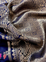 Statement Midnight Blue Color Pure Satin Silk Saree - Handwoven Floral Meenakari Floral Jaal Weave -Silk Mark Certified Saree - Kaash