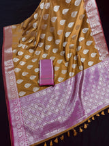 Mud Gold with Pink Blouse Banarasi saree in banarasi semi katan silk with meenakari with mud gold zari — Kaash Collection