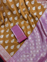 Mud Gold with Pink Blouse Banarasi saree in banarasi semi katan silk with meenakari with mud gold zari — Kaash Collection