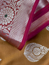 Mud Gold with Pink Blouse Banarasi saree in banarasi semi katan silk with meenakari with mud gold zari — Kaash Collection