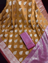 Mud Gold with Pink Blouse Banarasi saree in banarasi semi katan silk with meenakari with mud gold zari — Kaash Collection