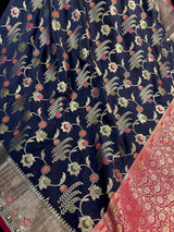 Navy Blue Banarasi saree in banarasi semi katan silk with meenakari floral jaal — Kaash Collection