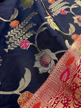 Navy Blue Banarasi saree in banarasi semi katan silk with meenakari floral jaal — Kaash Collection