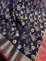 Navy Blue Banarasi saree in banarasi semi katan silk with meenakari floral jaal — Kaash Collection