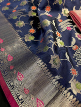 Navy Blue Banarasi saree in banarasi semi katan silk with meenakari floral jaal — Kaash Collection