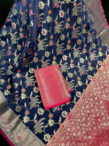 Navy Blue Banarasi saree in banarasi semi katan silk with meenakari floral jaal — Kaash Collection