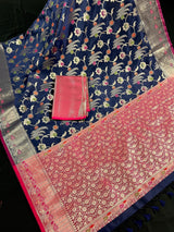 Statement Navy Blue Color Banarasi Semi Katan Silk Saree with Meenakari Floral Jaal - Kaash