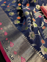 Statement Navy Blue Color Banarasi Semi Katan Silk Saree with Meenakari Floral Jaal - Kaash