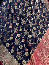Statement Navy Blue Color Banarasi Semi Katan Silk Saree with Meenakari Floral Jaal - Kaash