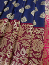 Statement Navy Blue Soft Banarasi Silk Handloom Saree - Banarasi Silk Wedding Sarees - Kaash