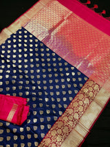 Statement Navy Blue Soft Banarasi Silk Handloom Saree - Banarasi Silk Wedding Sarees - Kaash