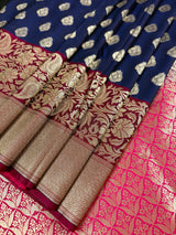 Statement Navy Blue Soft Banarasi Silk Handloom Saree - Banarasi Silk Wedding Sarees - Kaash