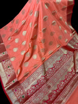 Statement Peach Banarasi Semi Katan Silk Saree - Kaash