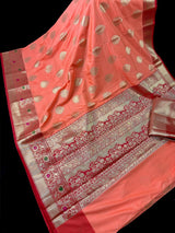 Statement Peach Banarasi Semi Katan Silk Saree - Kaash