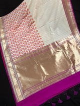Statement Pearl White with Purple Half and Half Saree - Traditional Banarasi Soft Silk Handloom Saree - Gold Zari Weave and Meenakari - Kaash