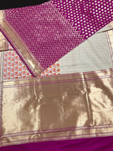 Statement Pearl White with Purple Half and Half Saree - Traditional Banarasi Soft Silk Handloom Saree - Gold Zari Weave and Meenakari - Kaash