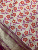 Statement Pearl White with Purple Half and Half Saree - Traditional Banarasi Soft Silk Handloom Saree - Gold Zari Weave and Meenakari - Kaash