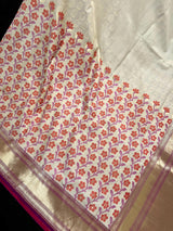 Statement Pearl White with Purple Half and Half Saree - Traditional Banarasi Soft Silk Handloom Saree - Gold Zari Weave and Meenakari - Kaash