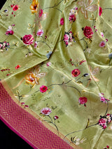 Pista Green Butter Soft Viscose Silk saree in butter soft viscose silk with floral digital print with wine pallu — Kaash Collection