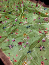 Pista Green Butter Soft Viscose Silk saree in butter soft viscose silk with floral digital print with wine pallu — Kaash Collection