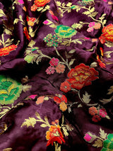 Statement Plum Color Pure Satin Silk Saree with Handwoven Floral Meenakari Floral Jaal Weave - Kaash