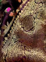 Statement Plum Color Pure Satin Silk Saree with Handwoven Floral Meenakari Floral Jaal Weave - Kaash