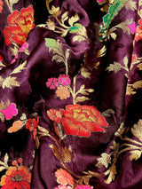 Statement Plum Color Pure Satin Silk Saree with Handwoven Floral Meenakari Floral Jaal Weave | Silk Mark Certified | Satin Silk Sarees - Kaash