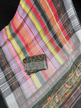 Statement Pure Linen by Linen Sabyasachi Inspired Multi Color Saree with Sliver Zari with Digital Prints - Kaash