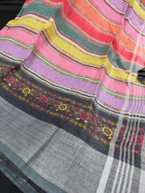 Statement Pure Linen by Linen Sabyasachi Inspired Multi Color Saree with Sliver Zari with Digital Prints - Kaash