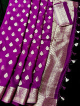 Statement Purple Color Banarasi Semi Chiffon Georgette Silk Saree with Muted Gold Sliver Zari Weave - Kaash
