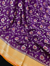 Purple with Mustard Yellow Banarasi saree in banarasi semi silk with meenakari floral jaal with mustard border — Kaash Collection
