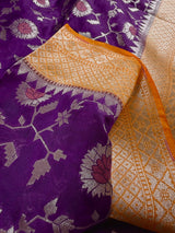 Purple with Mustard Yellow Banarasi saree in banarasi semi silk with meenakari floral jaal with mustard border — Kaash Collection