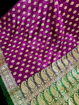 Statement Purple with Green Borders Banarasi Tanchoi Silk Handloom Saree | Zari Weaving with Motifs - Kaash