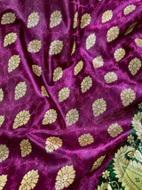 Statement Purple with Green Borders Banarasi Tanchoi Silk Handloom Saree | Zari Weaving with Motifs - Kaash