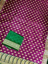 Statement Purple with Green Borders Banarasi Tanchoi Silk Handloom Saree | Zari Weaving with Motifs - Kaash