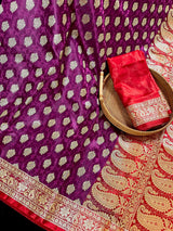Purple with Red Banarasi saree in banarasi tanchoi silk with tanchoi half-and-half with buttis — Kaash Collection