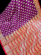 Purple with Red Banarasi saree in banarasi tanchoi silk with tanchoi half-and-half with buttis — Kaash Collection