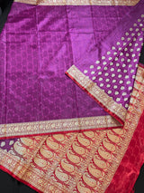 Statement Purple with Red Banarasi Tanchoi Silk Handloom Saree | Zari Weaving with Motifs - Kaash
