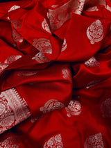 Bright Red Banarasi saree in mashru silk with silver zari weaving on mashru — Kaash Collection